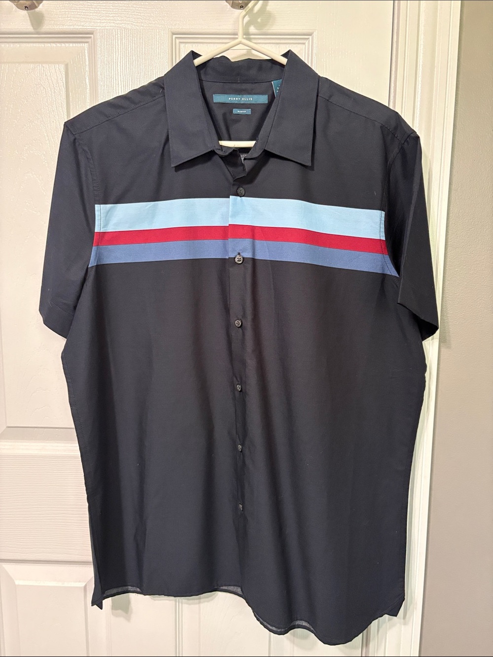 Perry Ellis Black Short-Sleeve Button-Up with Light Blue and Red Chest Stripes